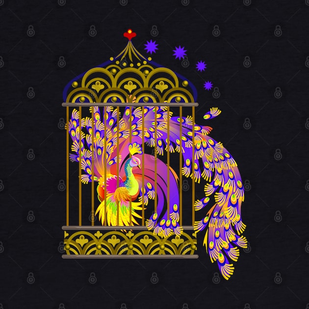 Magic Phoenix bird in a golden cage. by Artist Natalja Cernecka